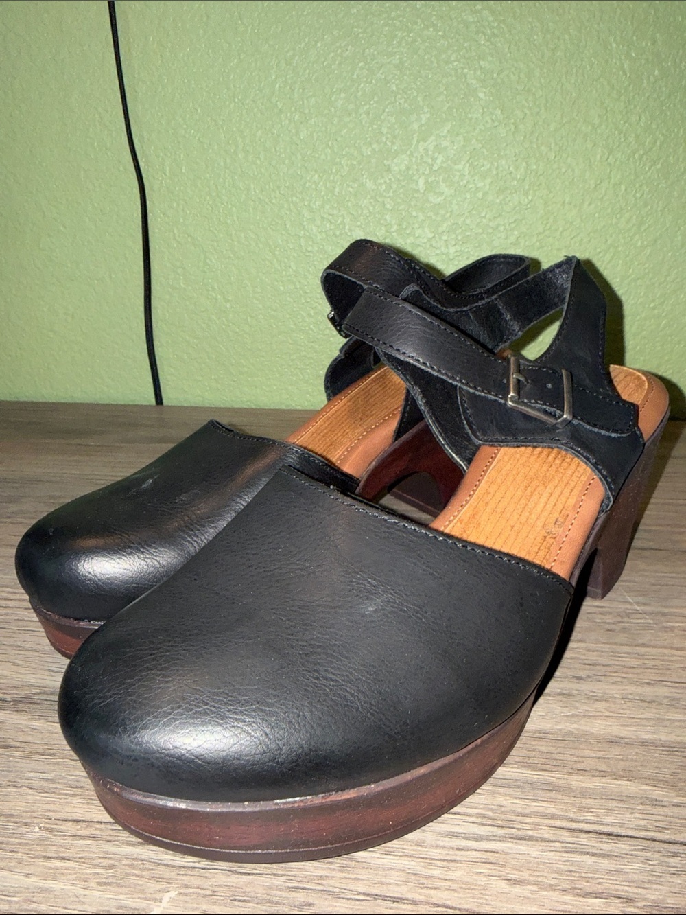 b.o.c. Black Leather Wedge Clog with Ankle Strap - Picture 5 of 7
